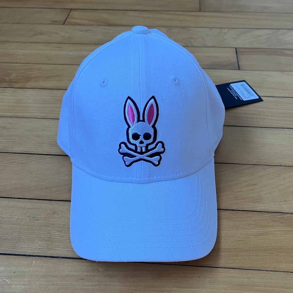 Psycho Bunny Mens White Baseball Cap Embroidered Skull Crossbones Logo NWT O/S